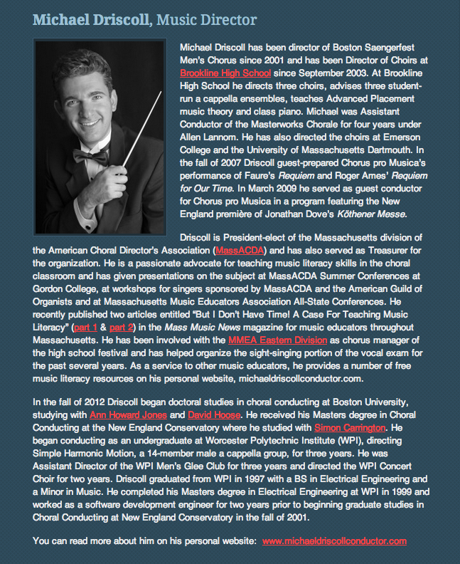 Michael Driscoll, Director emeritus Boston Saengerfest Men's Chorus